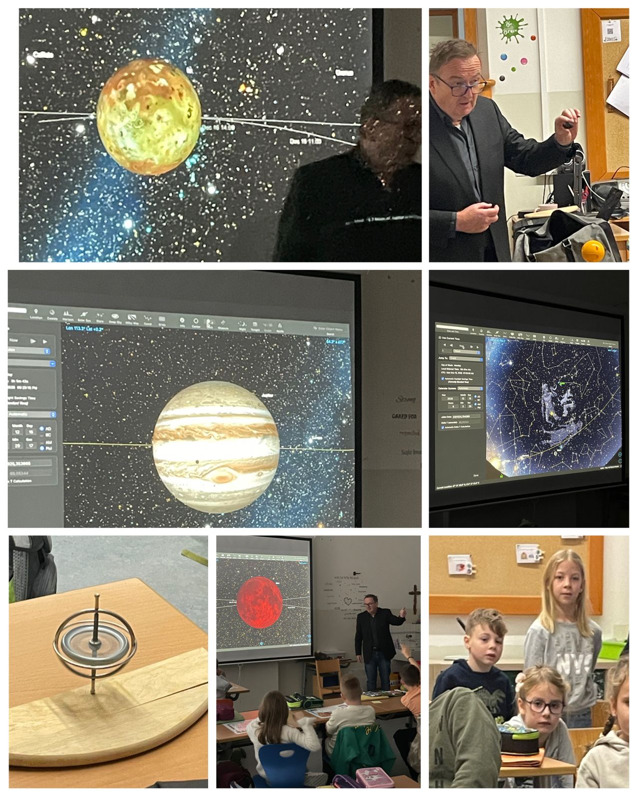 Eine Collage von Bildern mit einer Präsentation über Planeten, einem Projektorbildschirm, der eine Sternenkarte zeigt, einem Modell eines drehenden Planeten und Kindern, die die Präsentation beobachten.