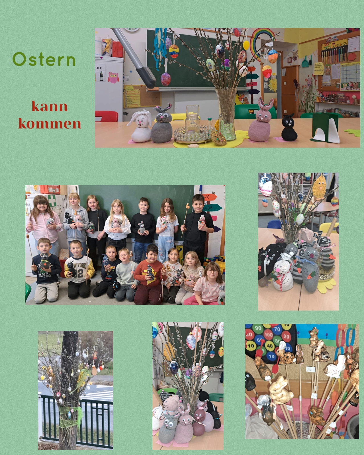Eine Collage von Bildern, die Kinder mit Osterbasteleien und Dekorationen in einer Klassenzimmerumgebung zeigt. Osterthematische Gegenstände sind auf einem Tisch ausgestellt.
