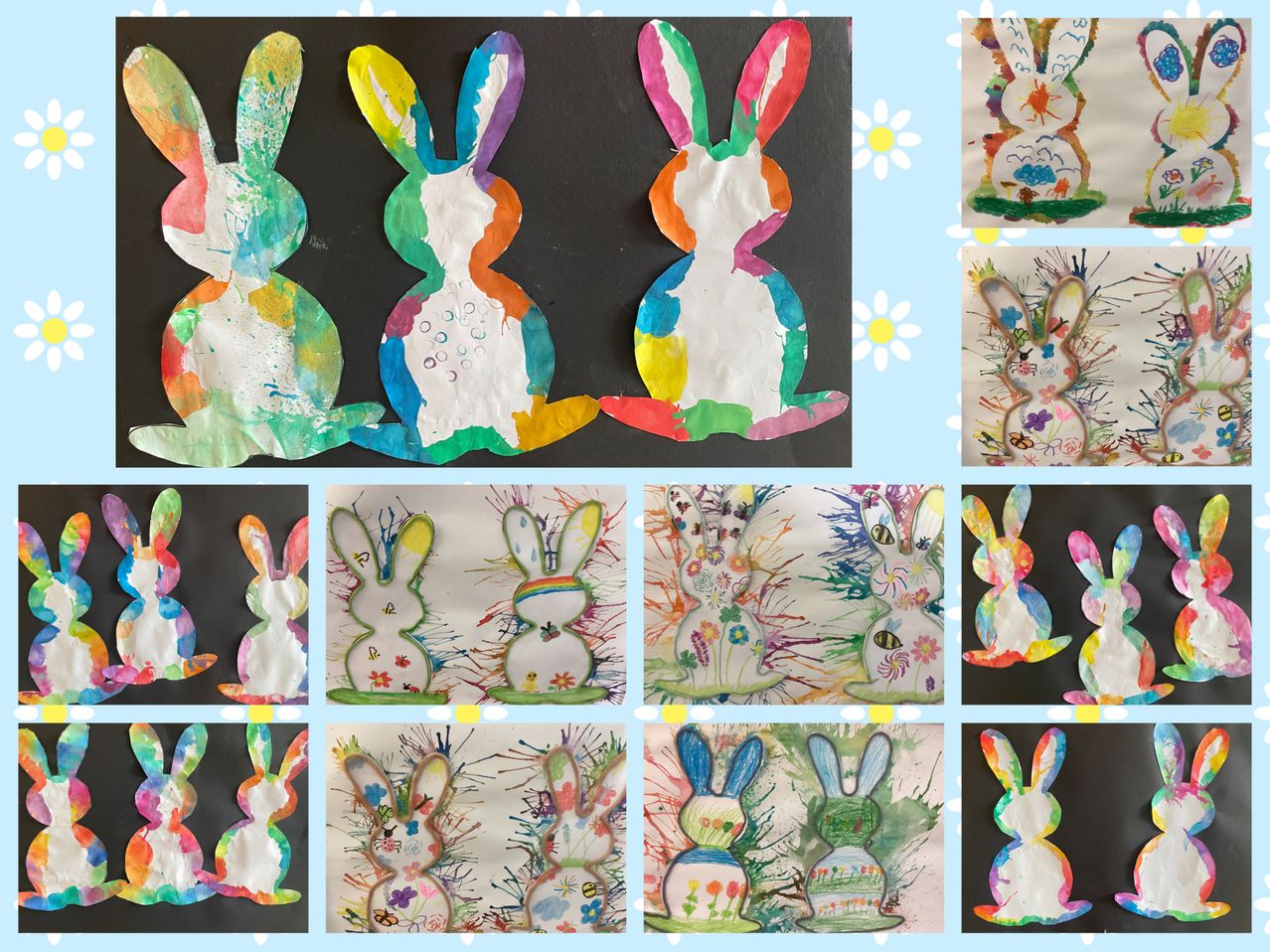 Eine Collage verschiedener Osterhasenkunstwerke mit einzigartigen Designs und Farben, die auf einem blauen Hintergrund präsentiert werden.