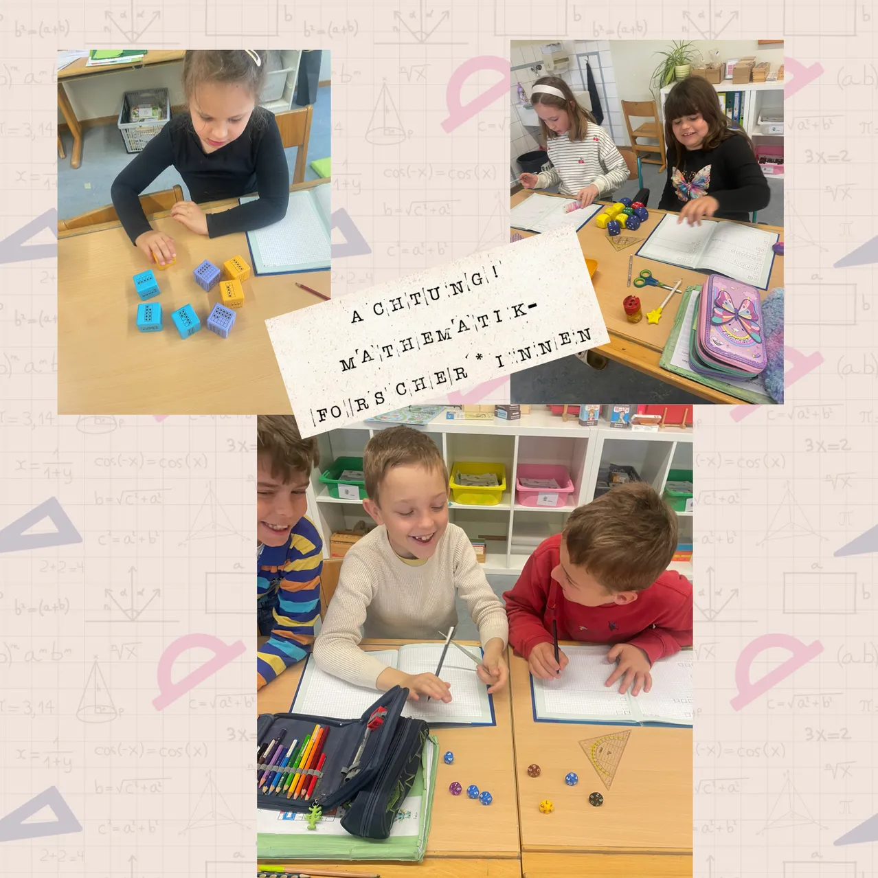 Eine Collage aus vier Bildern zeigt Kinder, die verschiedene Aktivitäten in einem Klassenzimmer ausführen. Ein Kind spielt mit Würfeln, ein anderes liest ein Buch und zwei Jungen schreiben in Notizbücher. Alle Kinder sind in pädagogischen Aktivitäten engagiert.