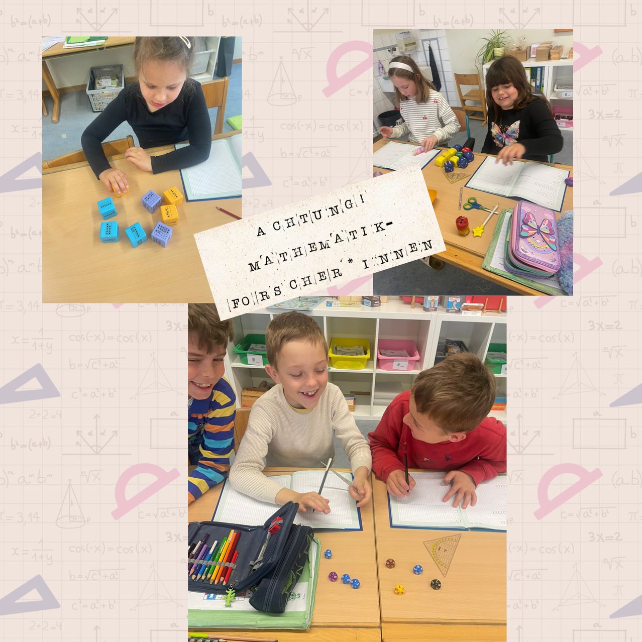 Eine Collage aus vier Bildern zeigt Kinder, die verschiedene Aktivitäten in einem Klassenzimmer ausführen. Ein Kind spielt mit Würfeln, ein anderes liest ein Buch und zwei Jungen schreiben in Notizbücher. Alle Kinder sind in pädagogischen Aktivitäten engagiert.