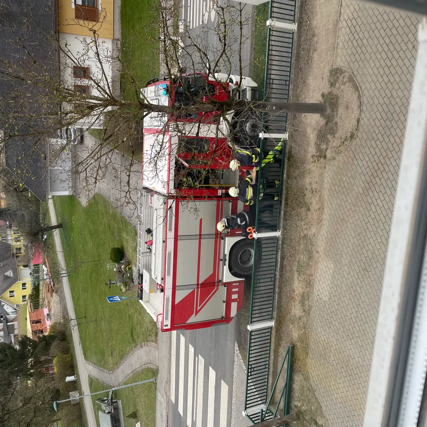 Ein roter und weißer Feuerwehrwagen ist am Straßenrand geparkt, an dem Feuerwehrleute arbeiten.