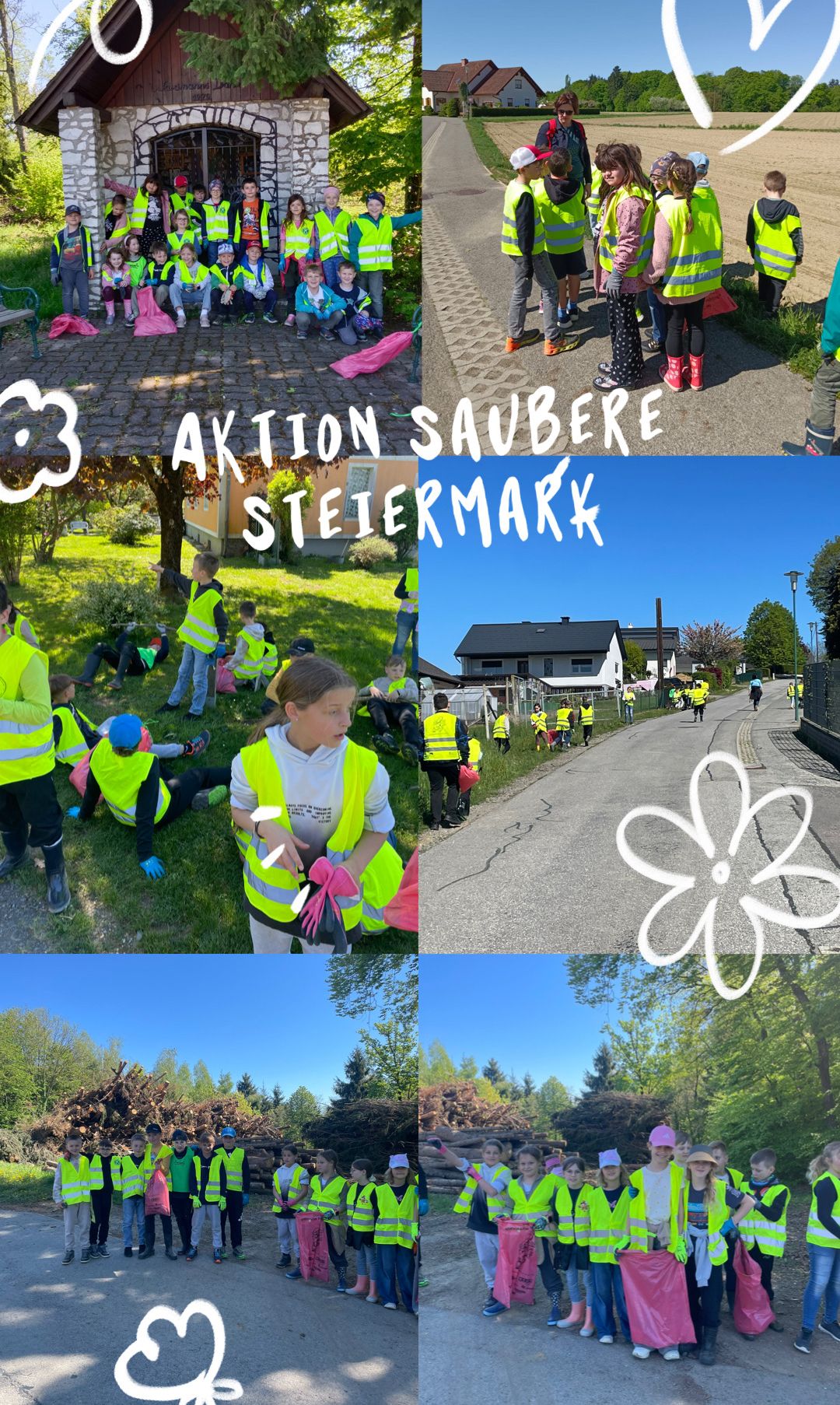 Ein Collage von Fotos zeigt Kinder in gelben Westen, die einen Park sauber machen. Der Text lautet 'Aktion Saubere Steiermark'. Sie sammelen Müll auf dem Rasen und am Straßenrand. Ein Haus und Bäume sind ebenfalls sichtbar.