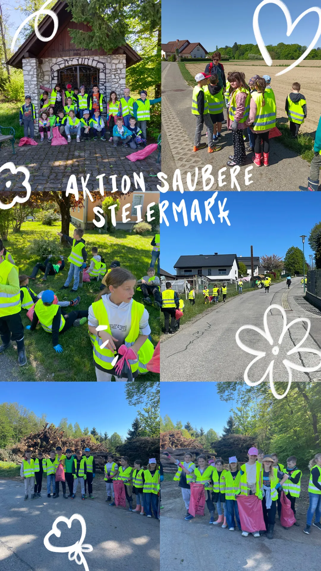 Ein Collage von Fotos zeigt Kinder in gelben Westen, die einen Park sauber machen. Der Text lautet 'Aktion Saubere Steiermark'. Sie sammelen Müll auf dem Rasen und am Straßenrand. Ein Haus und Bäume sind ebenfalls sichtbar.