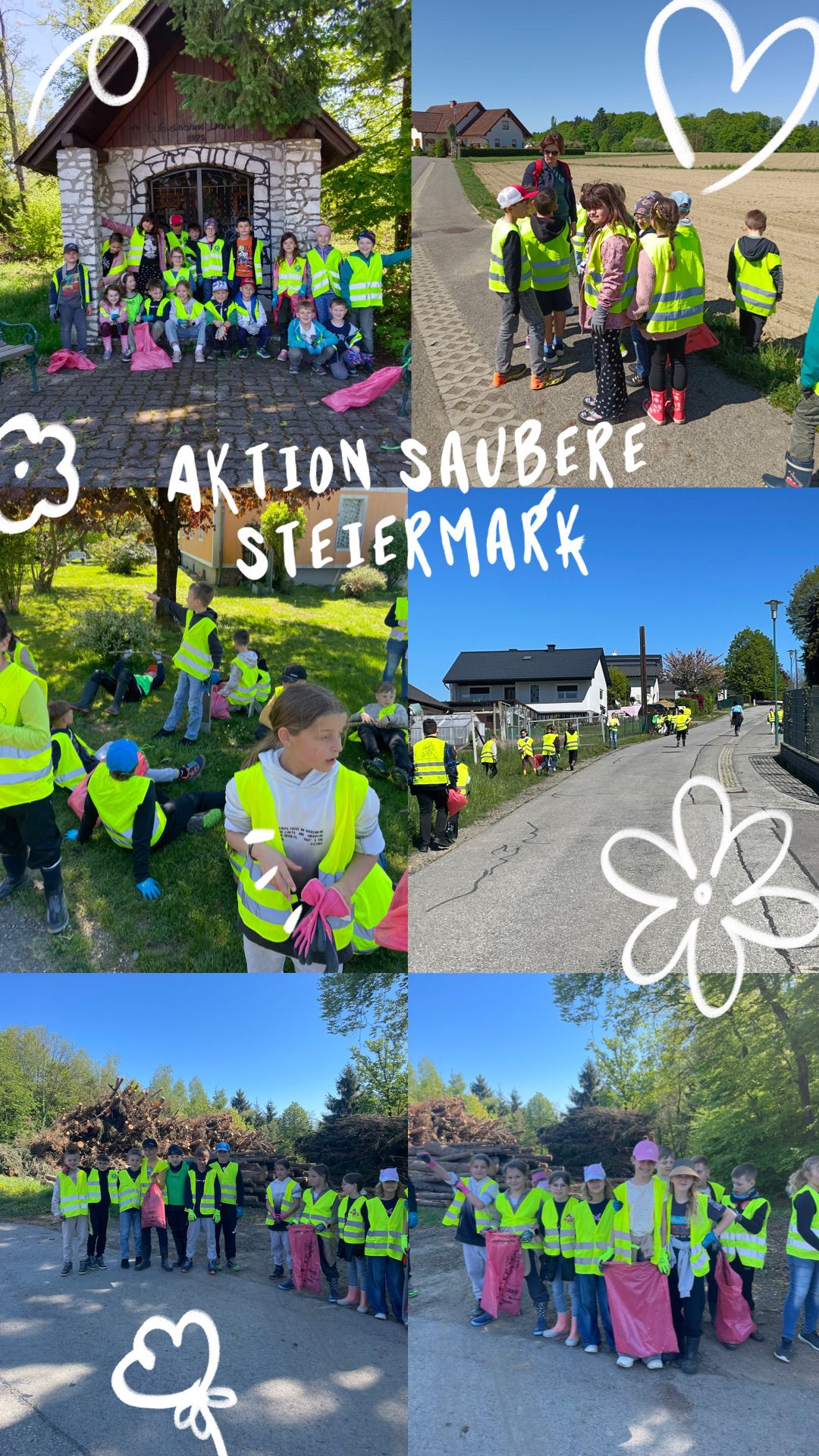 Ein Collage von Fotos zeigt Kinder in gelben Westen, die einen Park sauber machen. Der Text lautet 'Aktion Saubere Steiermark'. Sie sammelen Müll auf dem Rasen und am Straßenrand. Ein Haus und Bäume sind ebenfalls sichtbar.