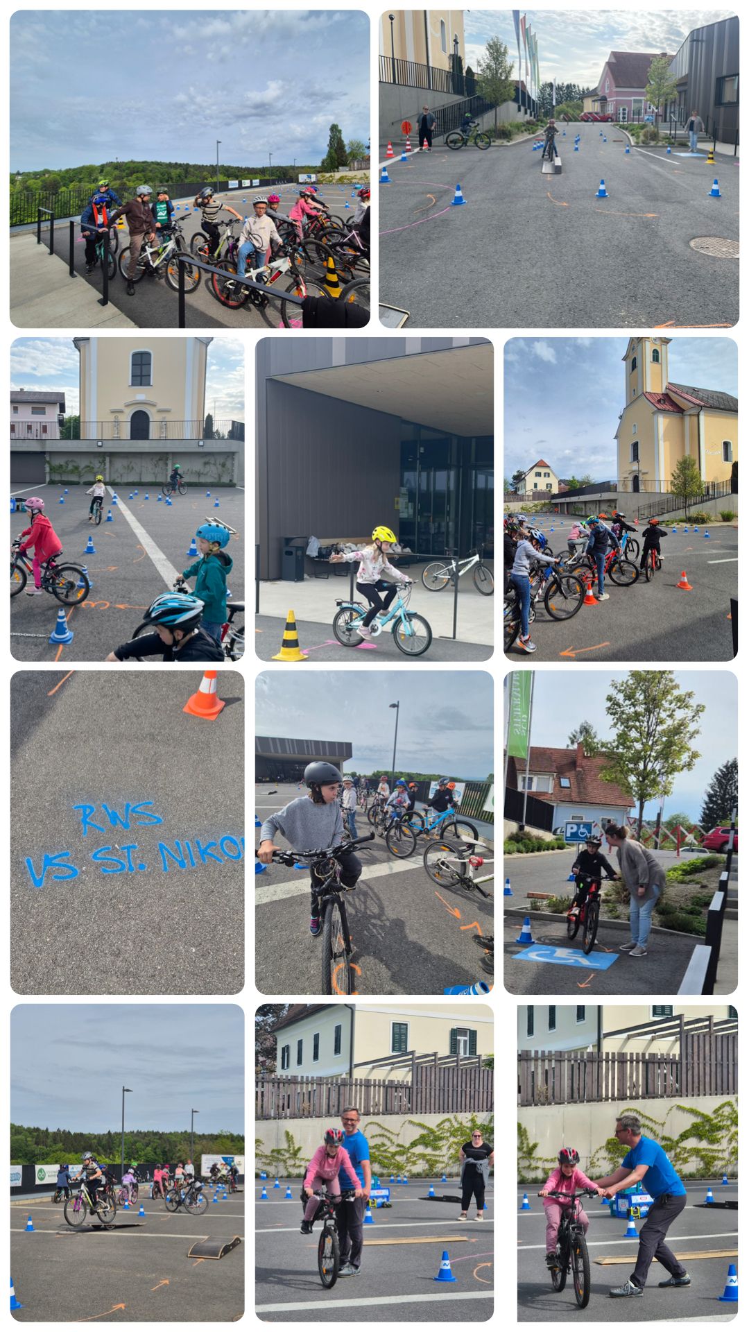 Eine Collage von Kindern, die an verschiedenen Orten draußen und drinnen Fahrrad fahren, Helme tragen und auf markierten Strecken mit Fahrrädern fahren.