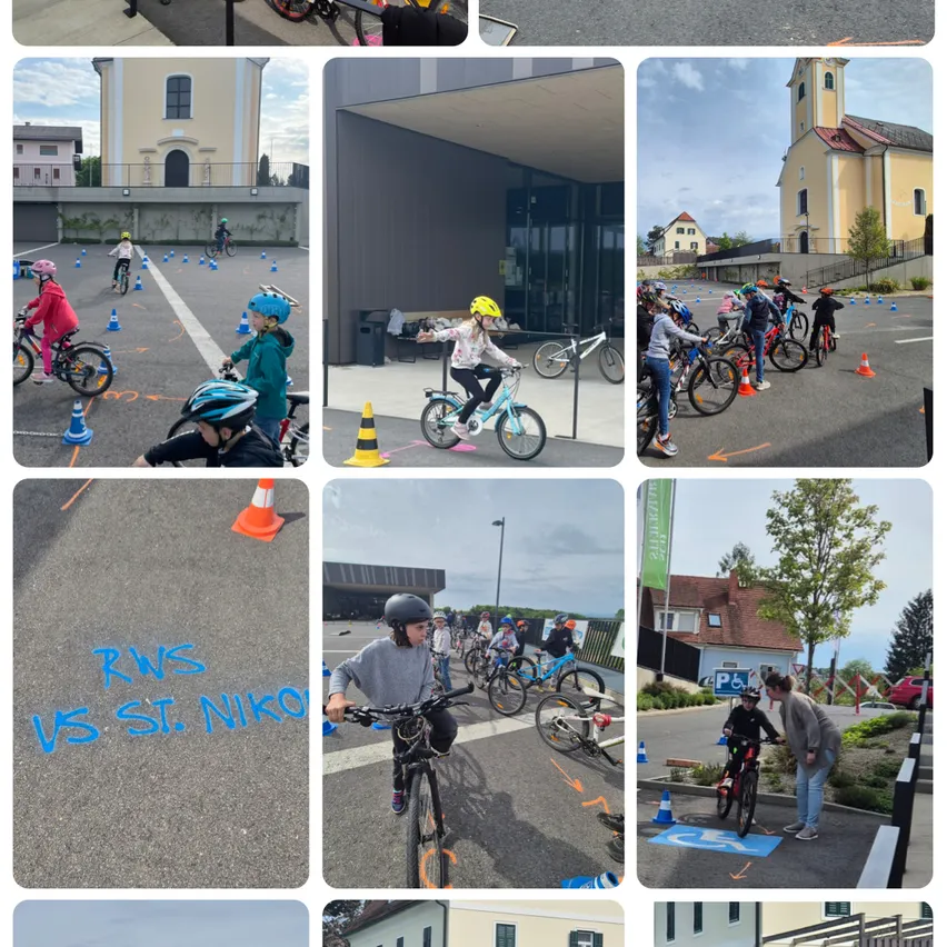 Eine Collage von Kindern, die an verschiedenen Orten draußen und drinnen Fahrrad fahren, Helme tragen und auf markierten Strecken mit Fahrrädern fahren.