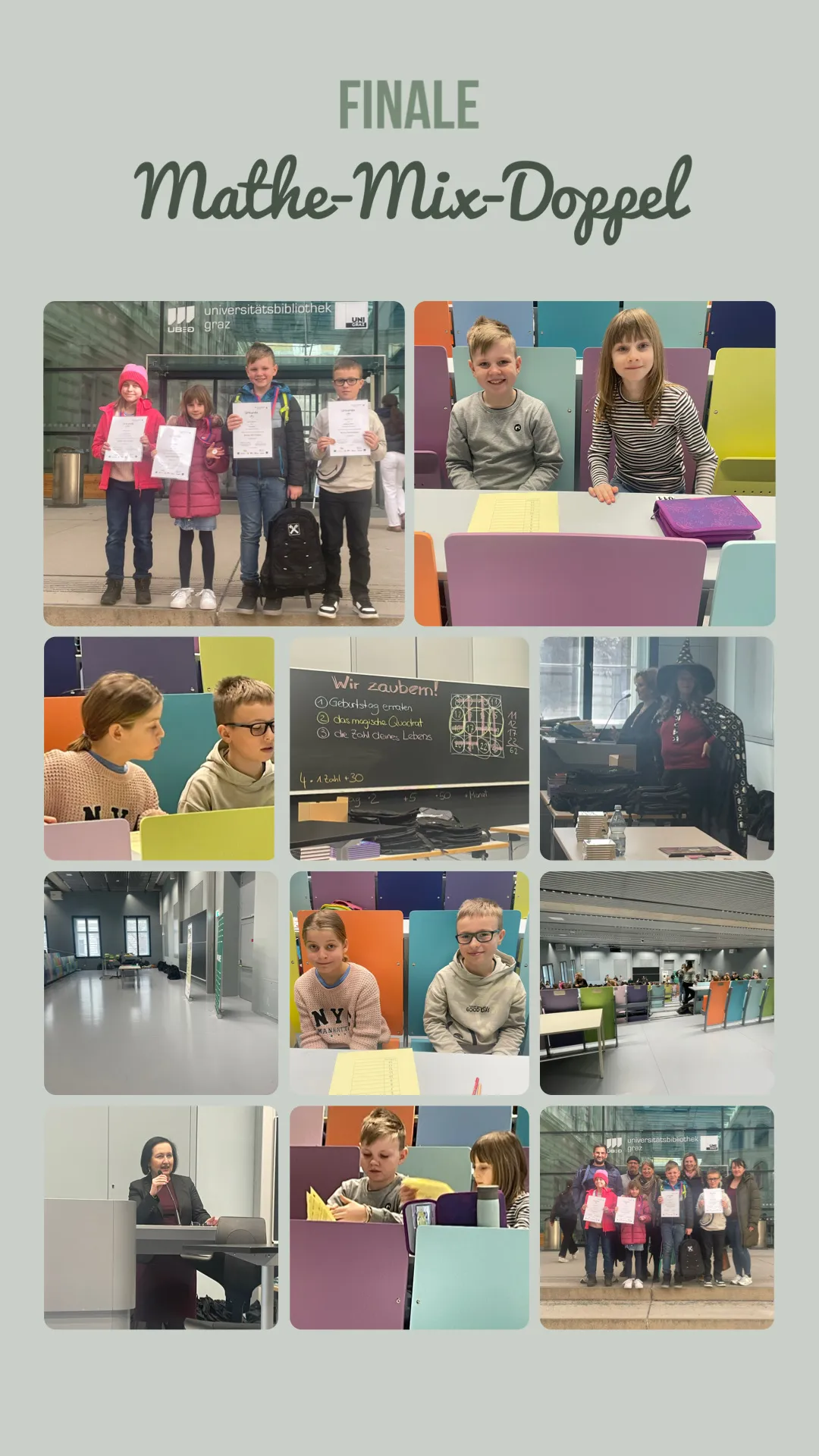 Mehrere Fotos von Kindern in verschiedenen Umgebungen, die Urkunden halten, an Schreibtischen sitzen und in der Nähe einer Tafel stehen.