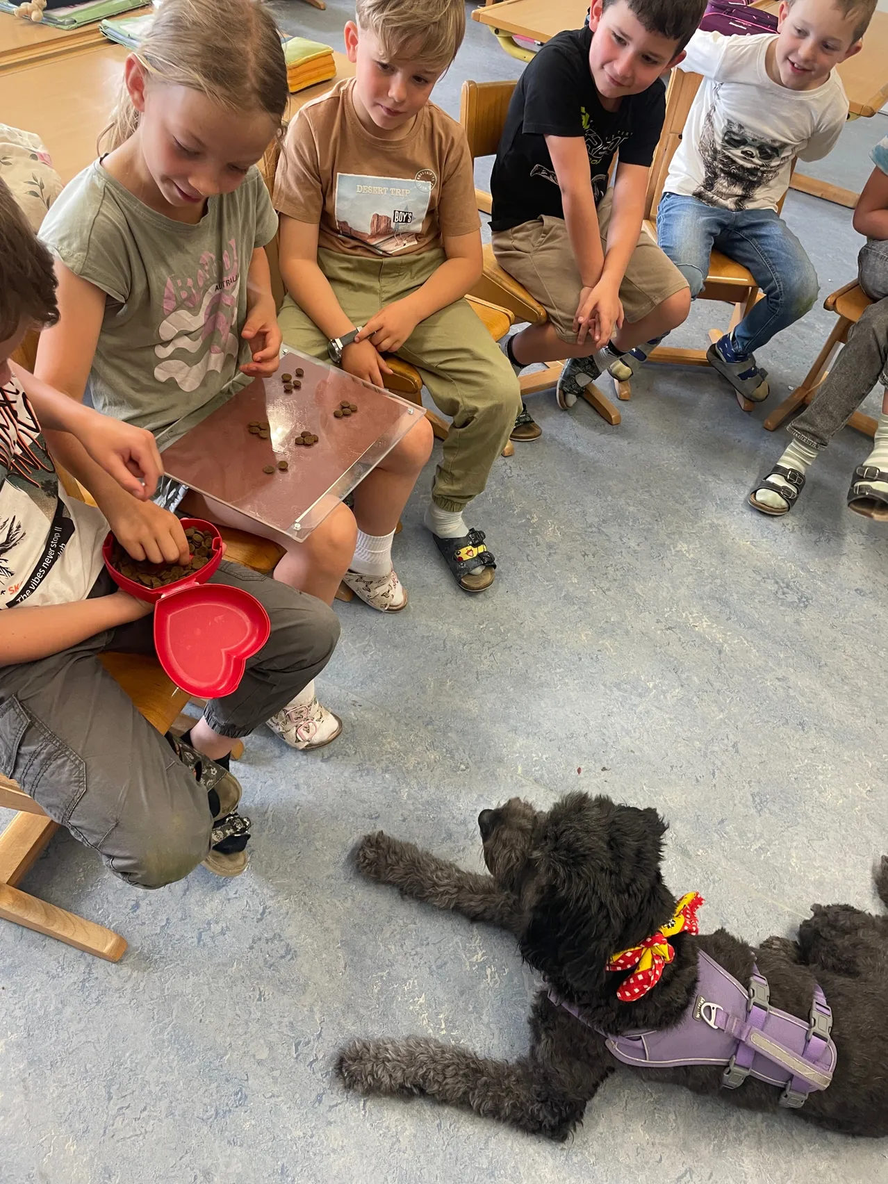 Eine Gruppe von Kindern, die um einen Tisch sitzen, an dem ein Hund in einem lila Geschirr sitzt.