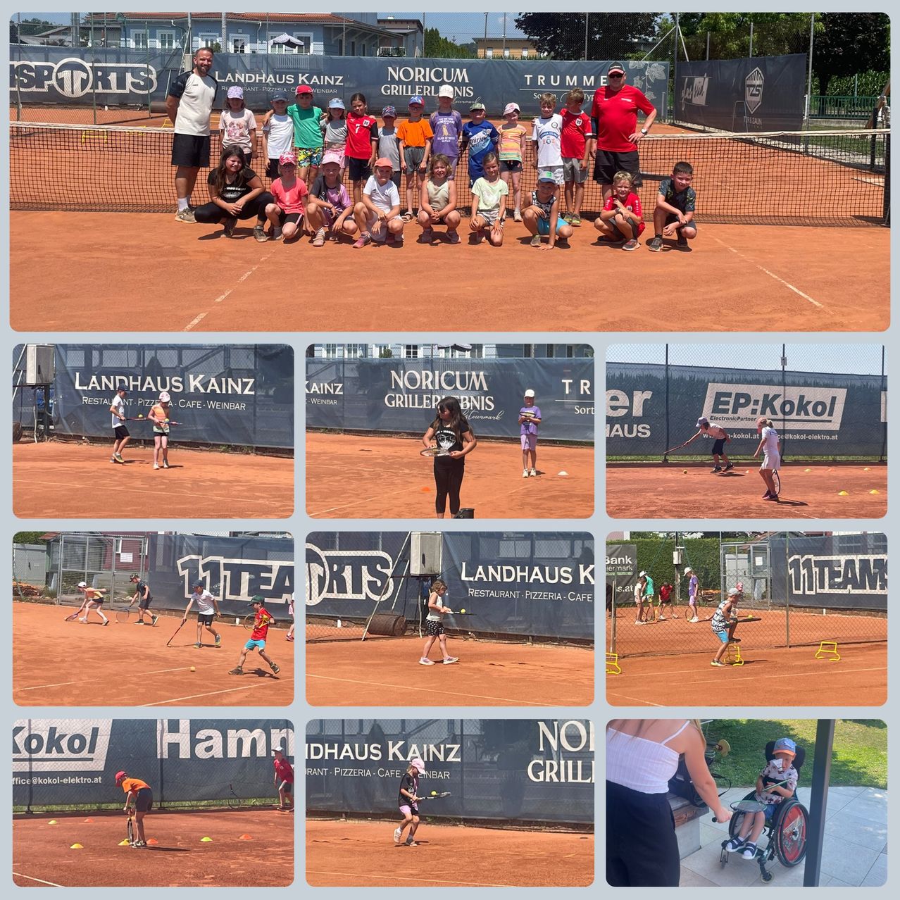 Verschiedene Fotos von Kindern, die Tennis auf einem Sandplatz spielen, wobei einige Erwachsene beaufsichtigen. Der Veranstaltungsort hat Banner, die 'Landhaus Kainz' und 'NoriCUM' bewerben. Eine Person im Rollstuhl ist ebenfalls anwesend.