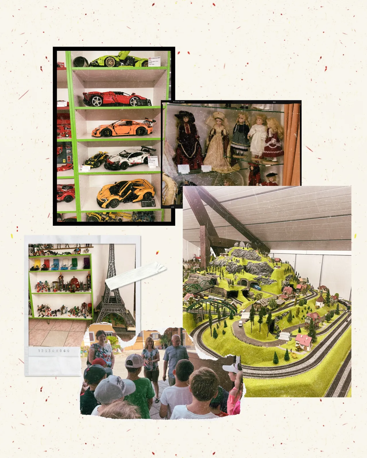 Eine Collage von Bildern, die eine Sammlung von Spielzeugautos, Puppen und einem Modelleisenbahnset mit beobachtenden Personen zeigt.