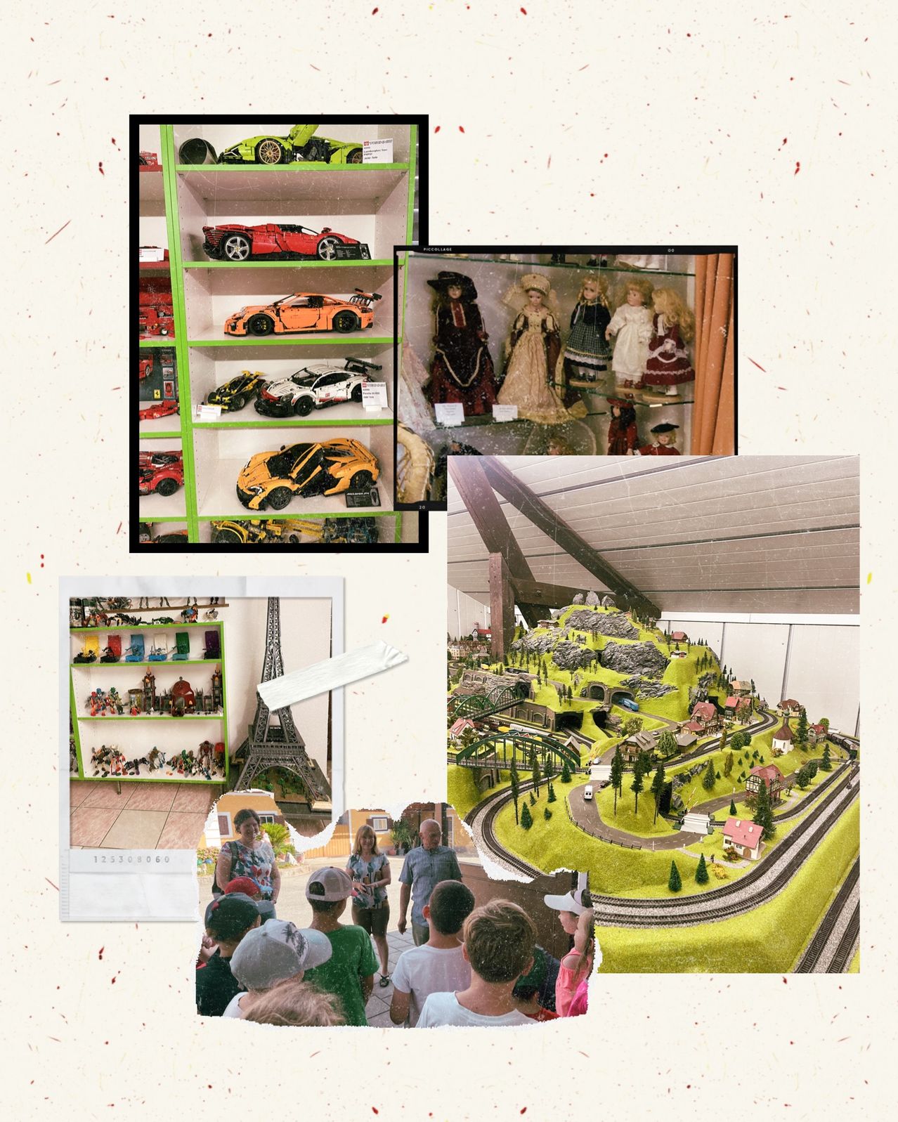 Eine Collage von Bildern, die eine Sammlung von Spielzeugautos, Puppen und einem Modelleisenbahnset mit beobachtenden Personen zeigt.