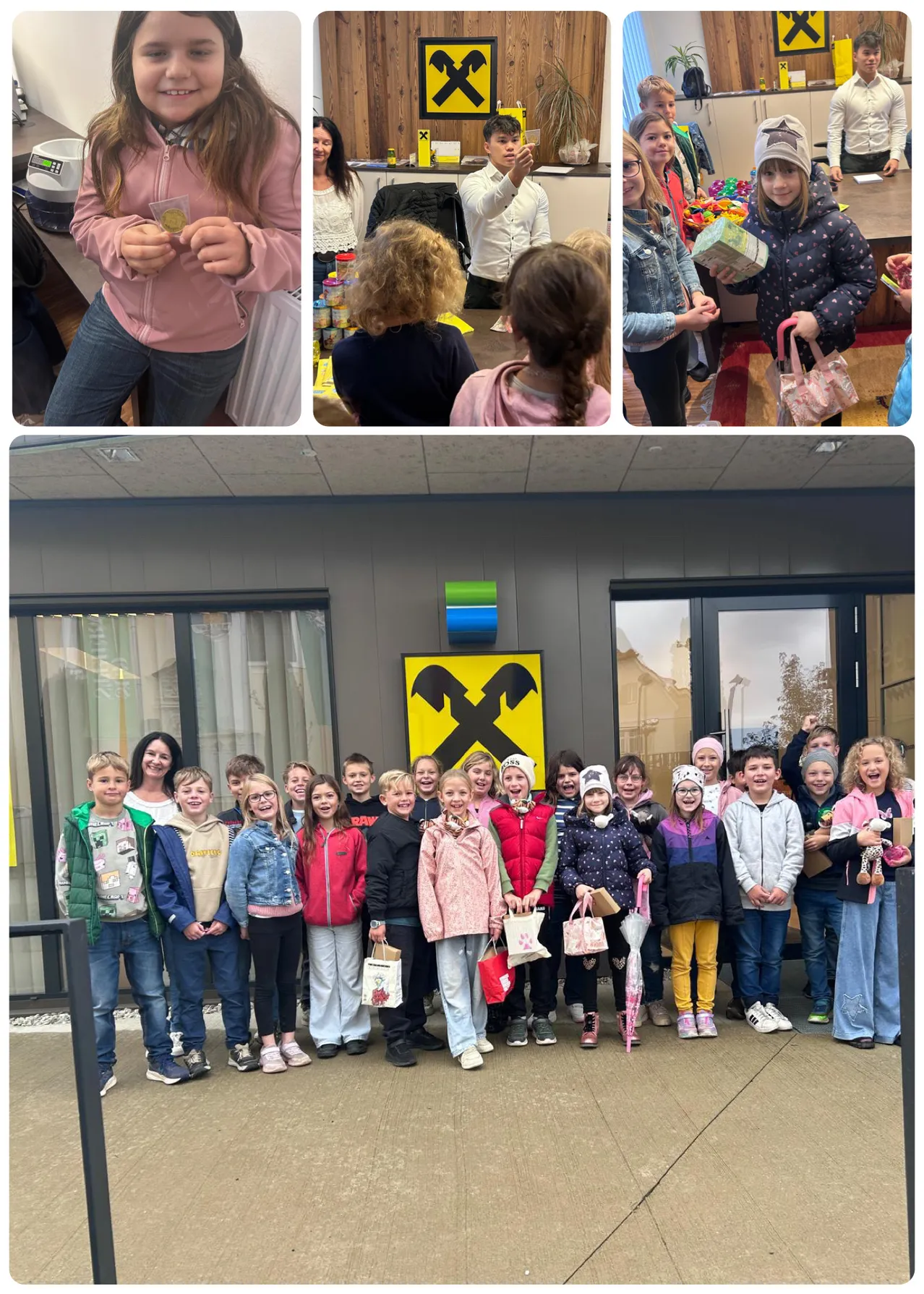 Eine Collage von Bildern, die Kinder und Erwachsene in einem Raum zeigen, einige halten Geschenke und lächeln.