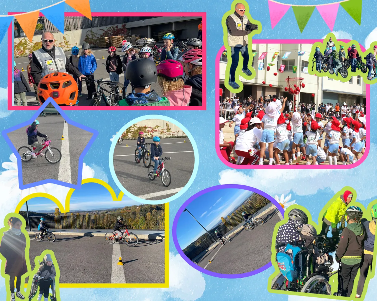 Eine Collage von Bildern, die Menschen beim Fahrradfahren zeigen, einige mit Helmen, in verschiedenen Außenumgebungen.