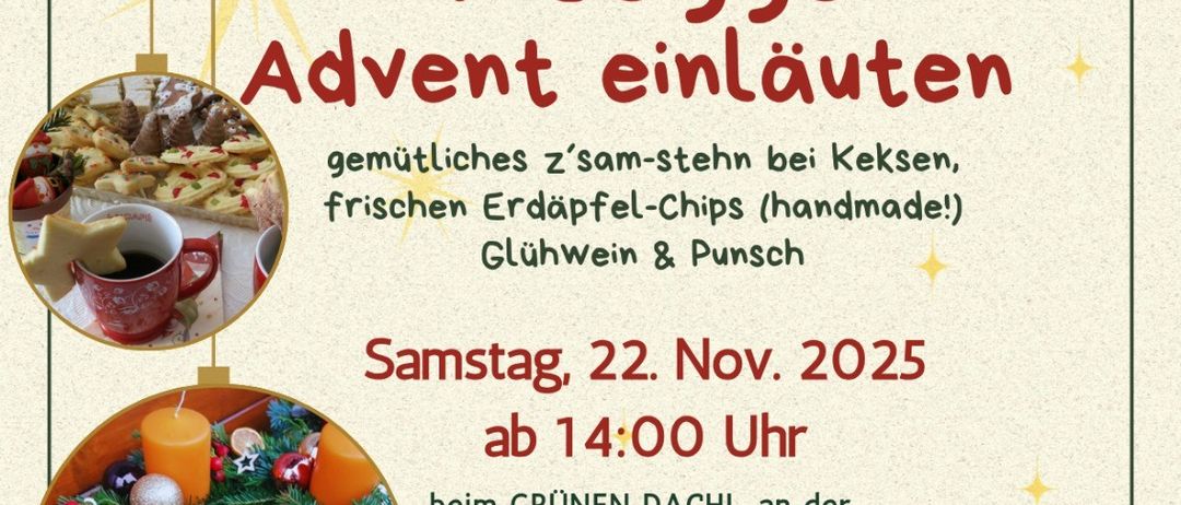 Herzliche Einladung zum Advent feiern in Laubegger. Genießen Sie Kekse, selbstgemachte Kartoffelchips, Glühwein und Punsch. Treten Sie uns am Samstag, 22. November 2025, um 14:00 Uhr im GRÜNEN DACHL, an der Einfahrt zum Schloss Laubegg, bei. Kaufen Sie auch unsere handgefertigten Adventskränze.