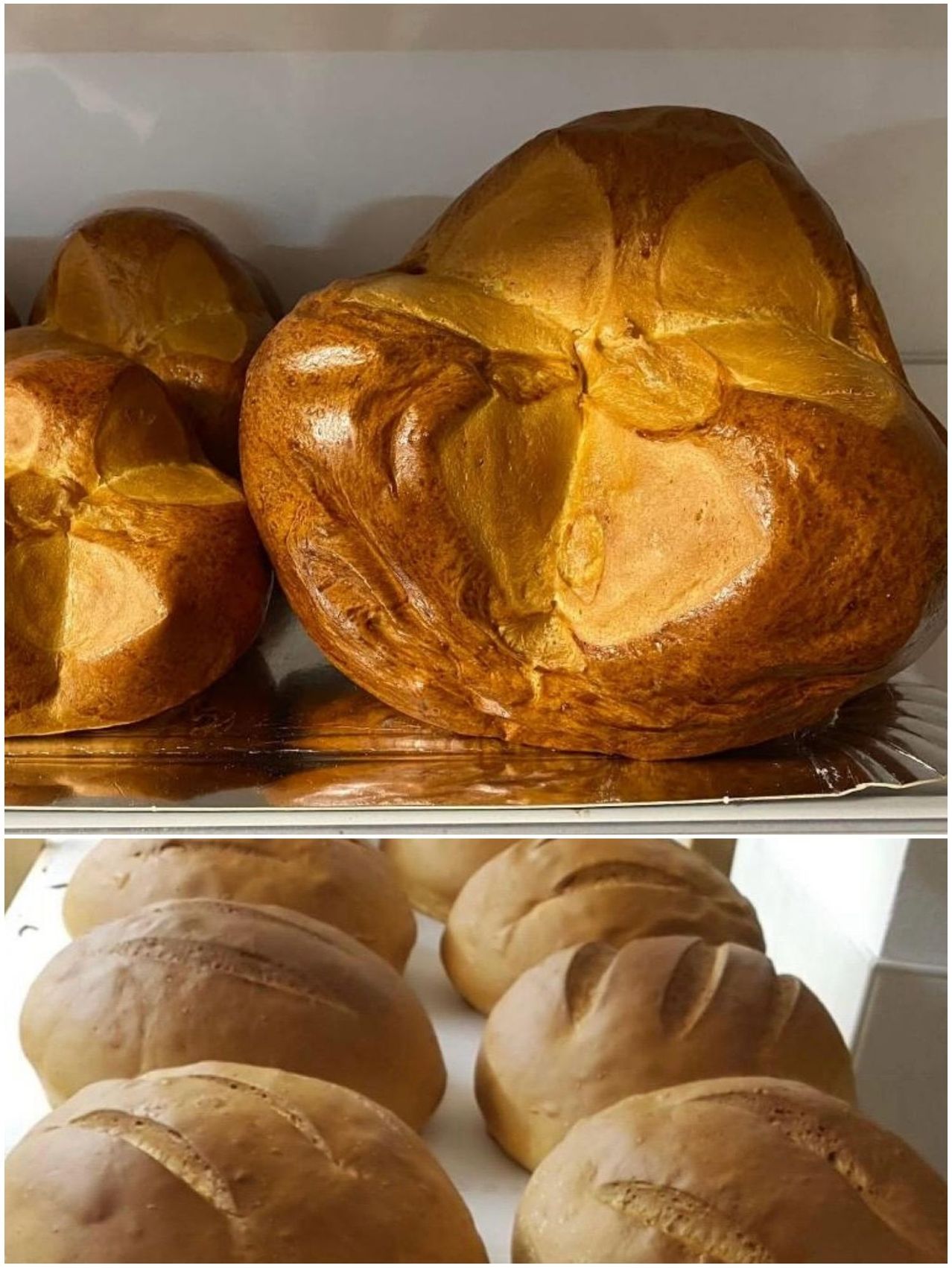 Zwei Nahaufnahmen von goldbraunem Brot; ein großes Brot mit Kreuzschnitten und mehrere kleinere Brote.