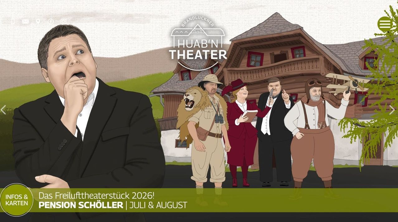 Eine Cartoon-Abbildung einer Gruppe von Menschen in Vintage-Kleidung, einer trägt einen Löwen, vor einem traditionellen Schweizer Haus. Das Bild trägt den Titel 'Theaterstuck 2026!' und zeigt das Logo des Huab'n Theaters.