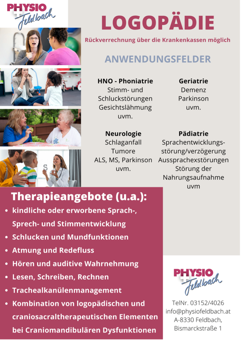 Das Bild zeigt verschiedene Anwendungsbereiche der Therapie. Es umfasst HNO-Phoniatrie, Geriatrie, Neurologie und Pädiatrie. Therapiebereiche umfassen Sprach-, Stimm- und Schluckstörungen.