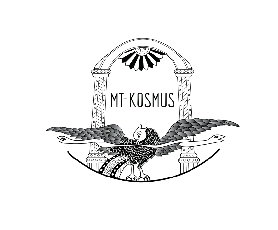 Eine stilisierte Zeichnung eines Vogels mit ausgebreiteten Flügeln unter einer gewölbten Struktur mit dem Namen MT-KOSMOS in fetten Buchstaben.