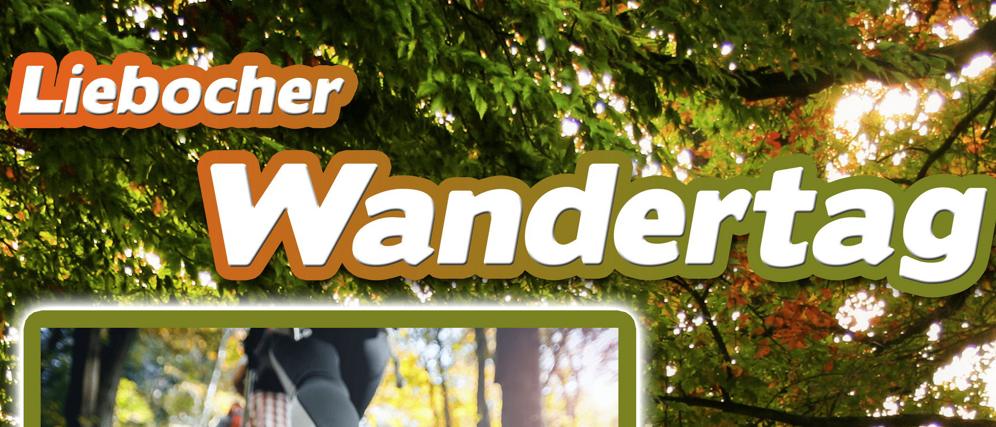 Ein Plakat mit dem Text 'Bocher Wandertag' zeigt eine Person beim Wandern, umgeben von einem üppigen Wald mit herbstlichen Blättern.