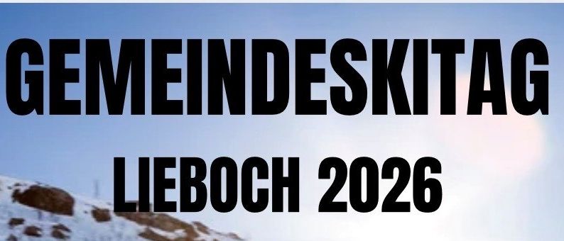 Plakat für den Gemeindeskitag 2026 in Lieboch. Skifahrer auf verschneiter Piste, Kosten für Erwachsene und Kinder, und Anmeldeinformationen.