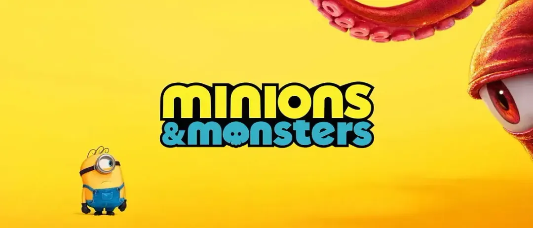 Das Poster zeigt einen Minion auf gelbem Hintergrund mit dem Titel 'Minions & Monsters'. Ein roter Oktopus ist über dem Titel.