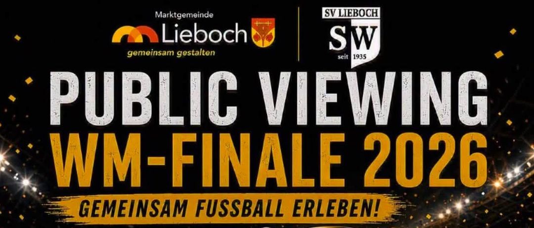 Plakat für die Public Viewing WM-Finale 2026 Veranstaltung, mit goldenem Pokal, Fußball und einer Menge. Details zu Datum, Uhrzeit, Ort und freiem Eintritt.