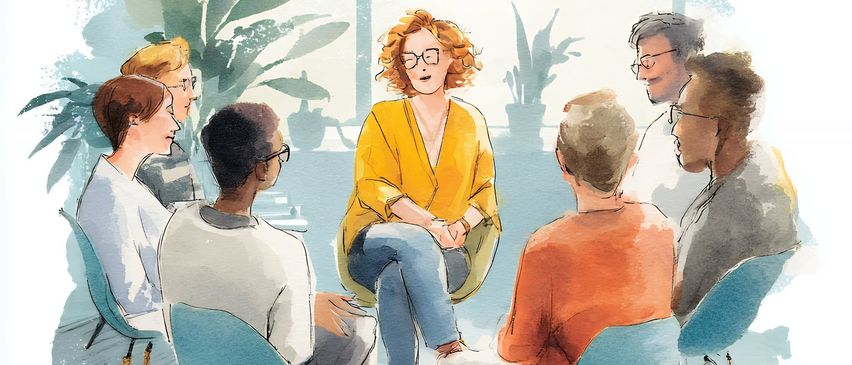 Eine Gruppe von Menschen sitzt in einem Kreis um eine Frau mit gelber Bluse, wahrscheinlich in einer Besprechung oder Diskussion. Der Raum hat ein modernes Design mit blauen Stühlen und Pflanzen im Hintergrund.