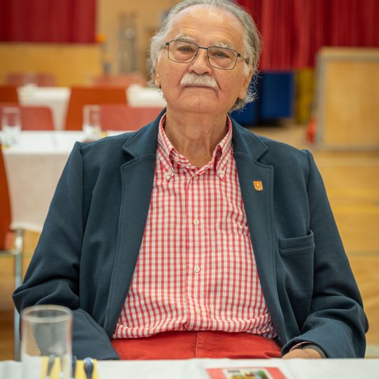 Bild enthält, Wood, Plywood, Person, Senior Citizen, Face, Photography, Portrait, Suit, Sitting, Glasses