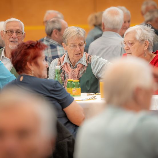 Eine Gruppe älterer Menschen sitzt an einem Tisch. Eine Frau mit Brille lächelt. Es gibt Flaschen und Gläser auf dem Tisch. Der Hintergrund ist unscharf.