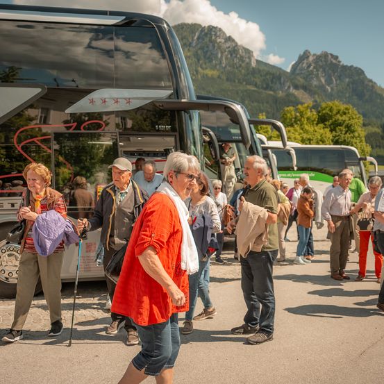 Touristen vor einer Reihe von Bussen, Berge im Hintergrund, Menschen mit Gepäck und Taschen.