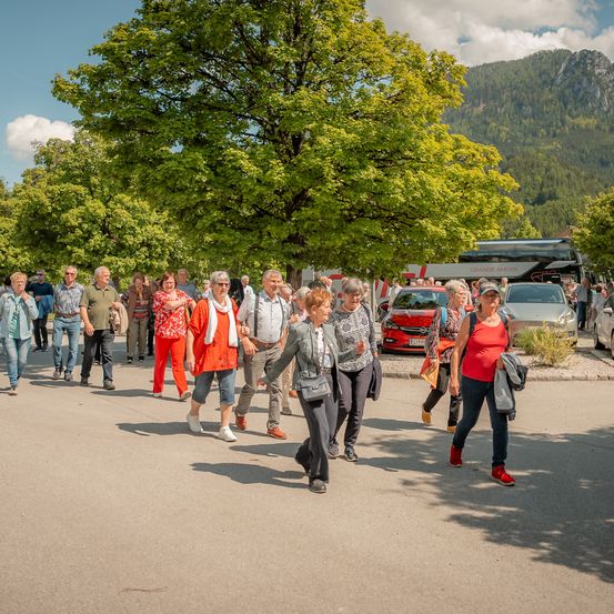Eine Gruppe von Menschen geht auf einem Weg in einem Park. Sie sind von üppigen Bäumen und Bergen umgeben. Ein Bus und Autos sind in der Nähe geparkt.
