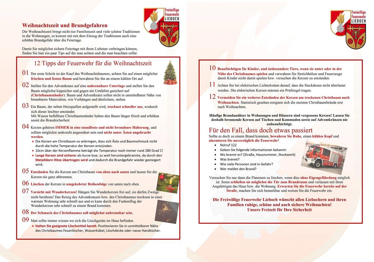 Tipps für die Weihnachtsbaum-Saison. Lagern Sie den Baum an einem kühlen Ort. Vermeiden Sie direkte Sonneneinstrahlung. Platzieren Sie Kerzen fern vom Baum. Feuerlöscher sollten auf jeder Etage vorhanden sein. Im Brandfall wählen Sie 112.