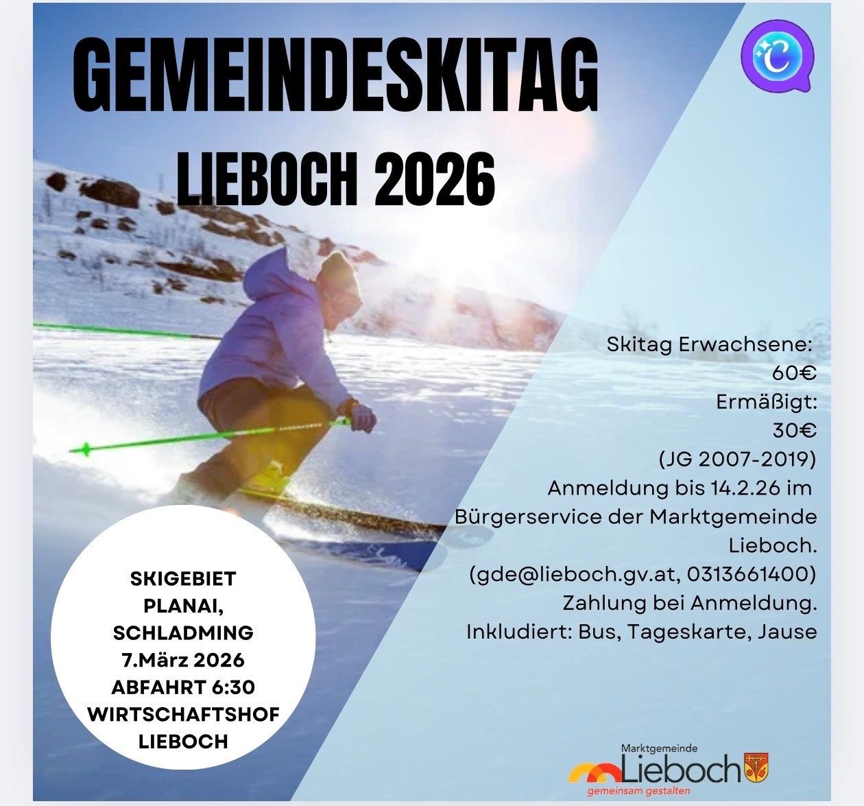 Plakat für die Gemeindeskitag Lieboch 2026 Veranstaltung. Ein Skifahrer im Schnee mit Bergen im Hintergrund. Veranstaltungsdetails auf dem Plakat.