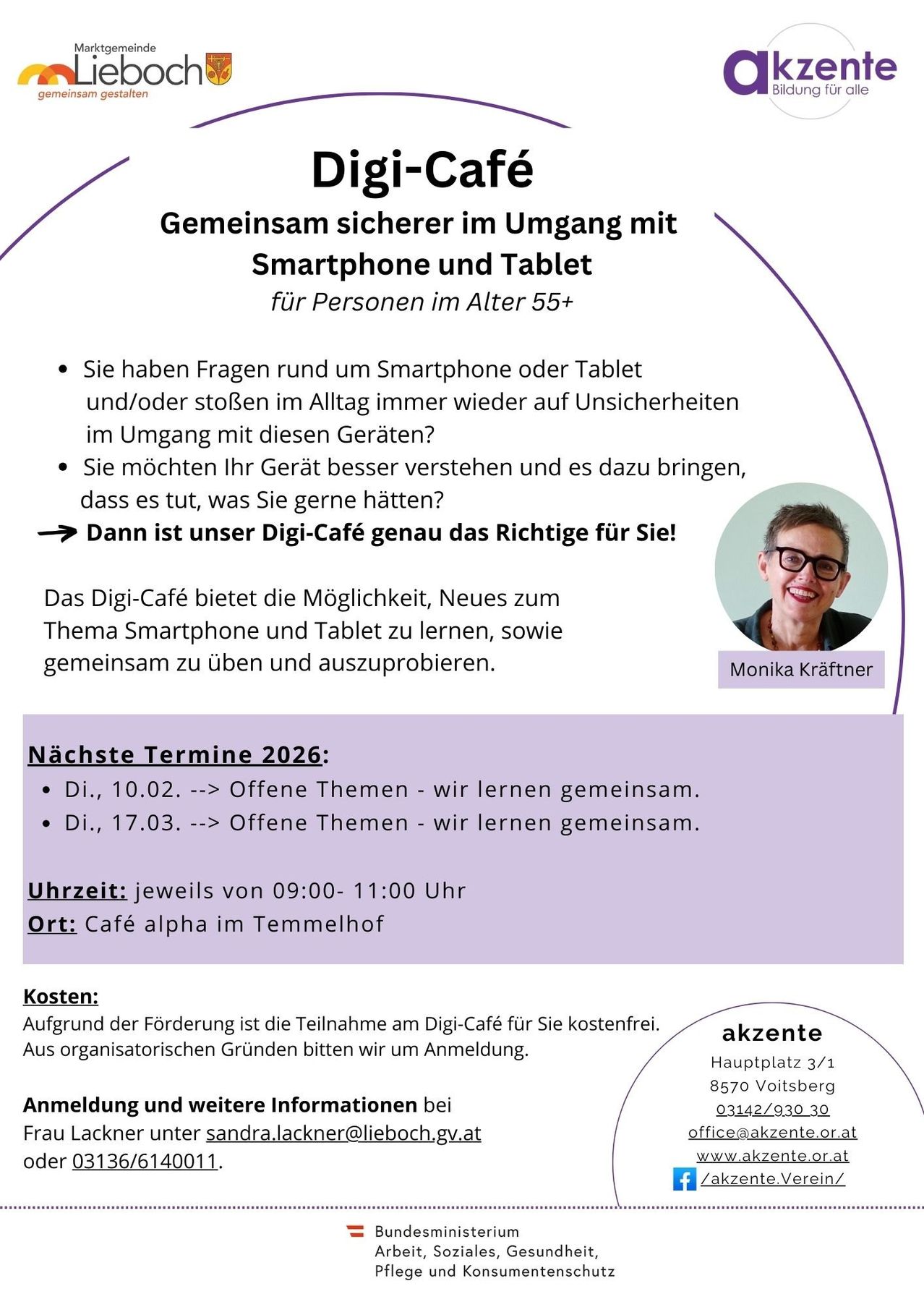 Werbung für ein Digi-Café-Event, das kostenlose Workshops zu Smartphones und Tablets für Menschen ab 55 Jahren anbietet. Die Sitzungen umfassen offene Themen zum gemeinsamen Lernen, mit angegebenen Daten und Zeiten. Die Veranstaltung ist kostenlos und erfordert eine Anmeldung. Kontaktinformationen sind verfügbar.