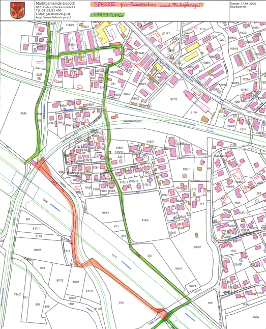 Urban map with areas marked for road closures and detours. Legend and key details are present.