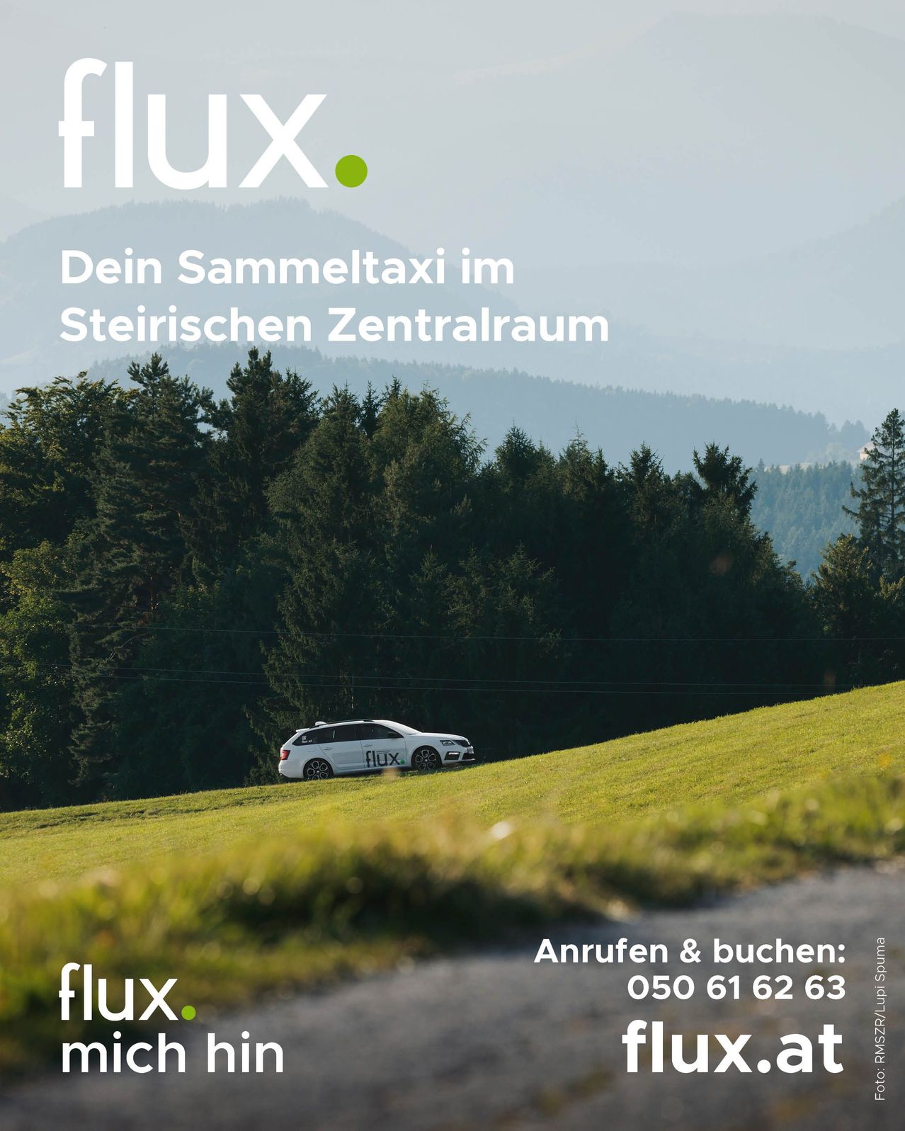 An advertisement for a car service, Flux, showcasing a white car on a grassy hill with a contact number and website.