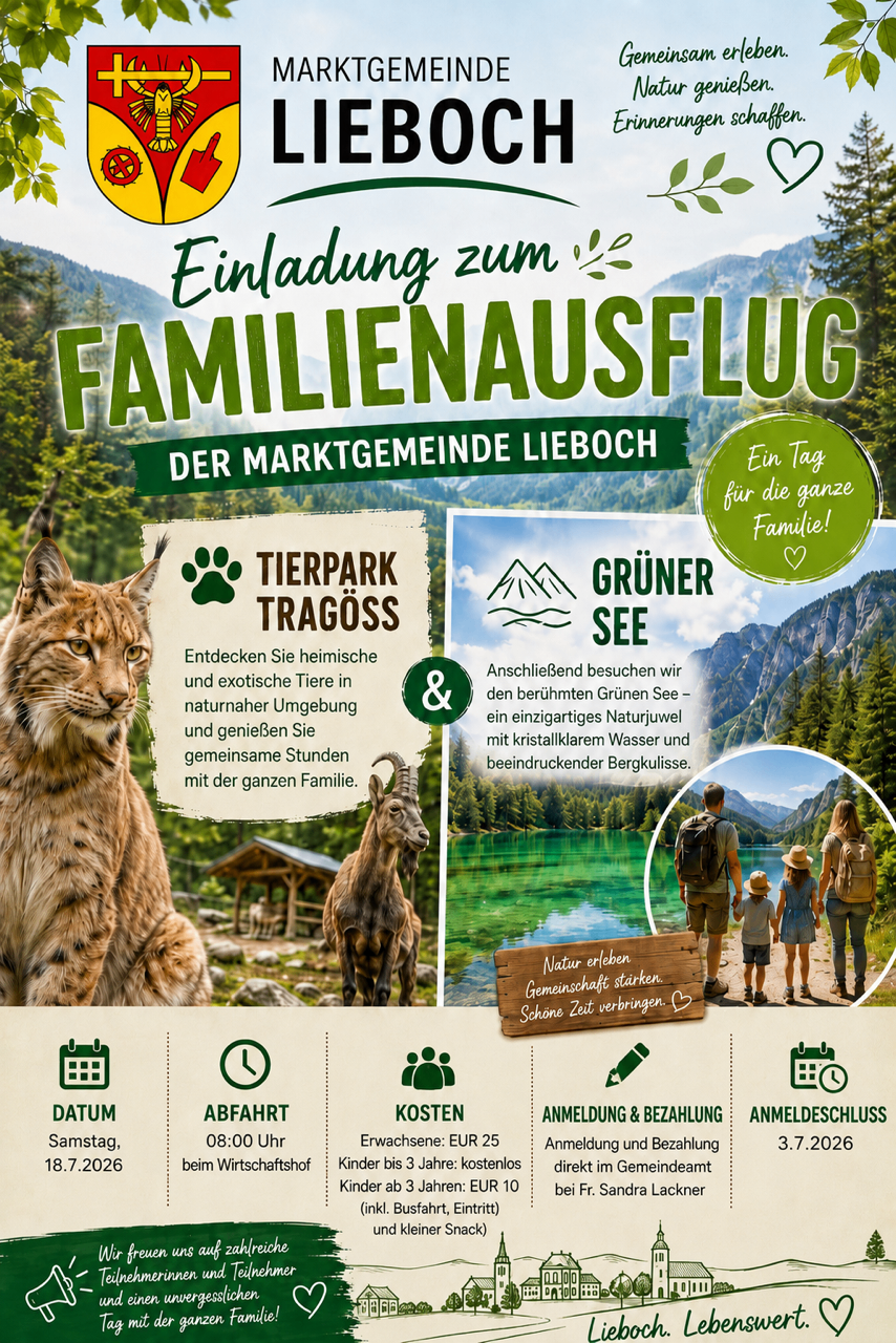 Einladung zum Familienhausflug der Marktgemeinde Leboach. Entdecken Sie heimische und exotische Tiere in natürlicher Umgebung und genießen Sie gemeinsame Stunden mit der ganzen Familie.