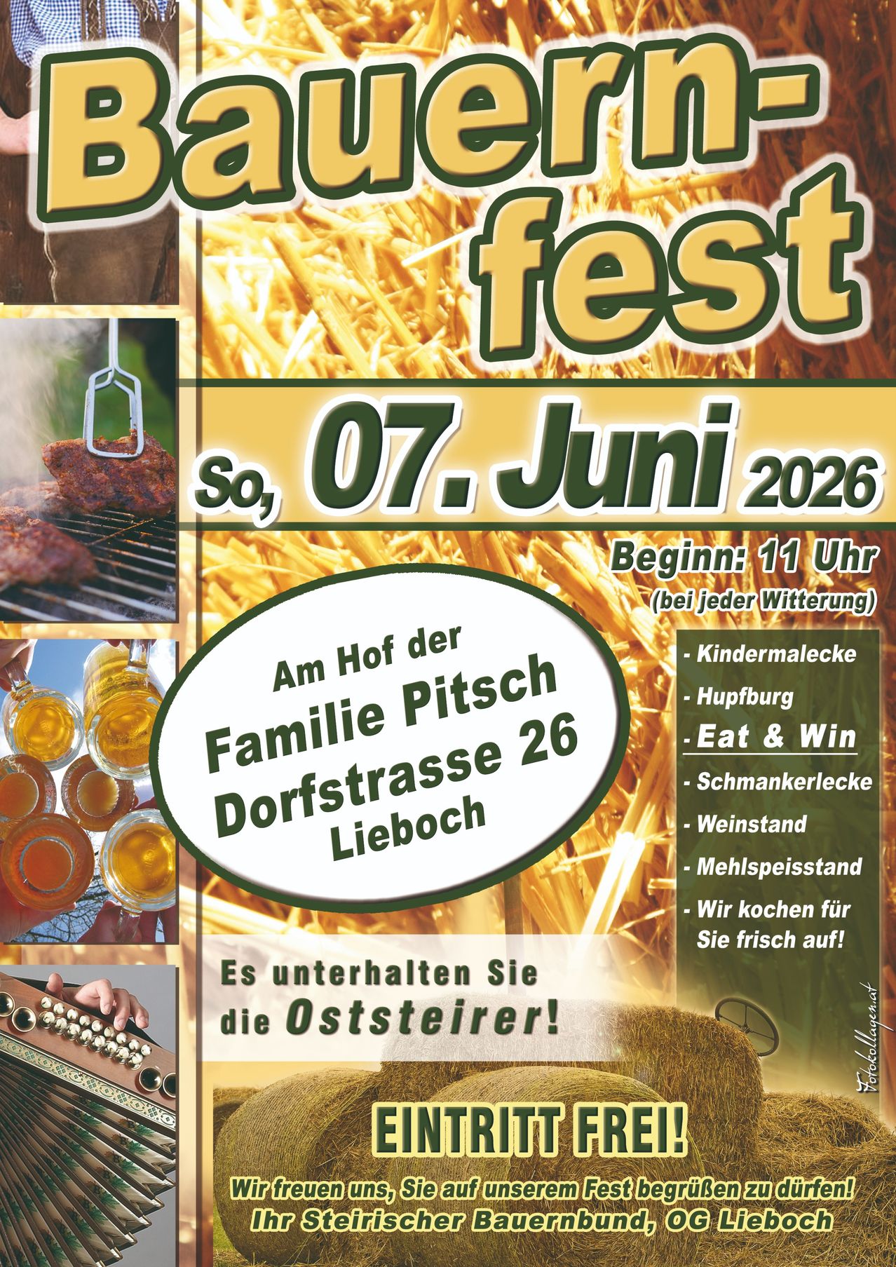 Festivalplakat für ein Familienereignis auf dem Pitsch-Bauernhof am 07. Juni 2026. Beinhaltet verschiedene Aktivitäten und Attraktionen.