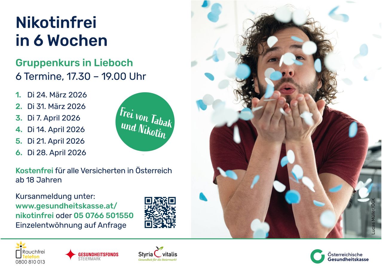 Plakat für die kostenlose Veranstaltung 'Frei von Tabak und Nikotin' in Lieboch, Österreich, mit einem Mann, der Konfetti bläst. Die Veranstaltung findet an bestimmten Terminen im Jahr 2026 statt. Es enthält einen QR-Code und Logos für Gesundheitsfonds Steiermark und Styria Vitalis.