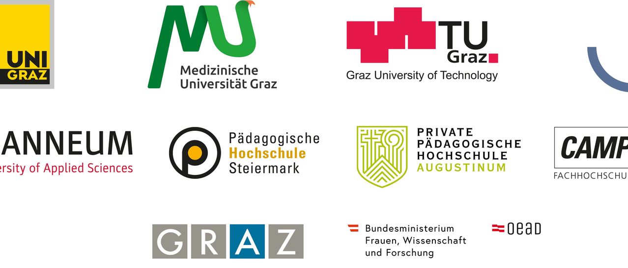 Das Bild zeigt Logos mehrerer Bildungseinrichtungen. Es enthält die Logos der Medizinischen Universität Graz, der Pädagogischen Hochschule Steiermark und der privaten Pädagogischen Hochschule August. Zusätzlich wird die Technische Universität Graz und das Bundesministerium für Frauen, Wissenschaft und Forschung erwähnt.