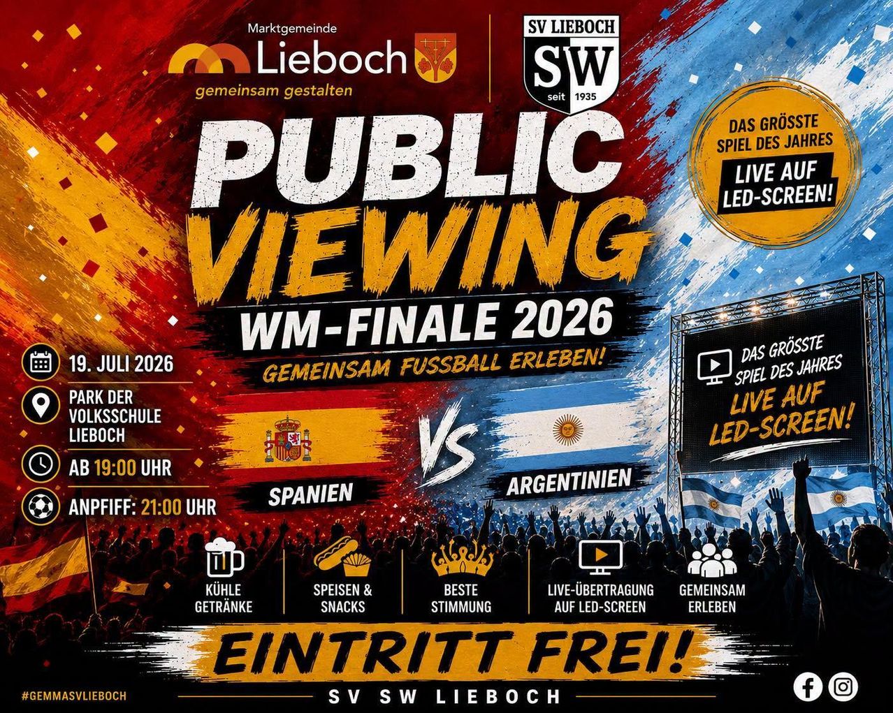 Poster for the public viewing of the 2026 World Cup final between Spain and Argentina. The event is free to enter and offers food, drinks, and a live LED screen broadcast. The event is hosted by SV Lieboch.