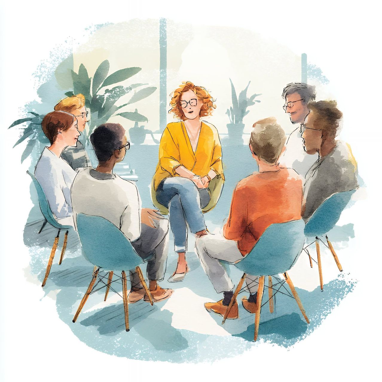 A group of people in a circle, possibly in a meeting, with a woman in a yellow top sitting in the middle.