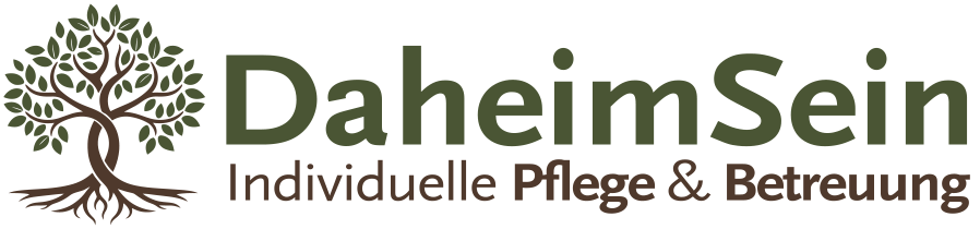 Logo für Daheim Sei, ein Pflege- und Betreuungsdienst, mit einem Baum und grünem Text auf schwarzem Hintergrund.