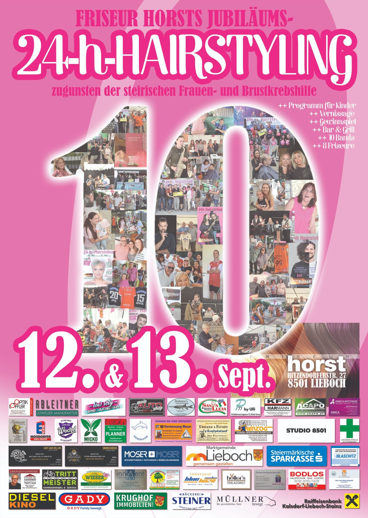 Plakat für eine Frauen- und Brustkrebs-Aufklärungsveranstaltung in Österreich, mit einer Collage von Fotos, dem Datum 12. und 13. September und verschiedenen Sponsoren.