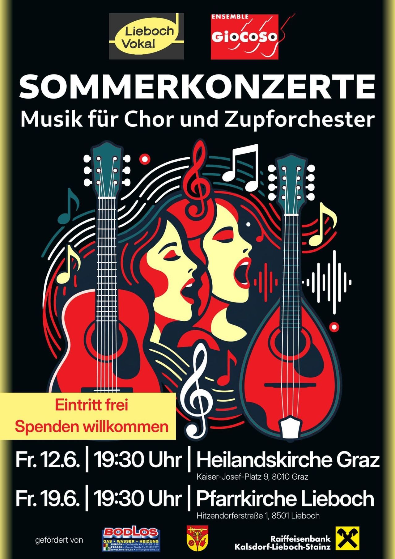 Ein Plakat kündigt Sommerkonzerte mit Musik für Chor und Zupforchester an. Der Eintritt ist frei, Spenden sind willkommen. Das Ereignis findet am Freitag, 12. Juni um 19:30 Uhr in der Heilandskirche in Graz statt.