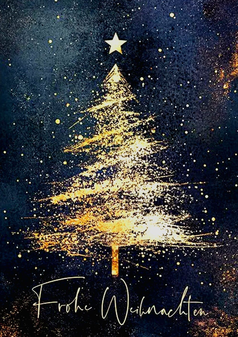 Ein goldener Weihnachtsbaum steht vor einem dunkelblauen Hintergrund mit verstreuten gelben Lichtern, die wie Sterne aussehen und um ihn herum funkeln. Ein goldener Stern ziert die Spitze des Baumes.