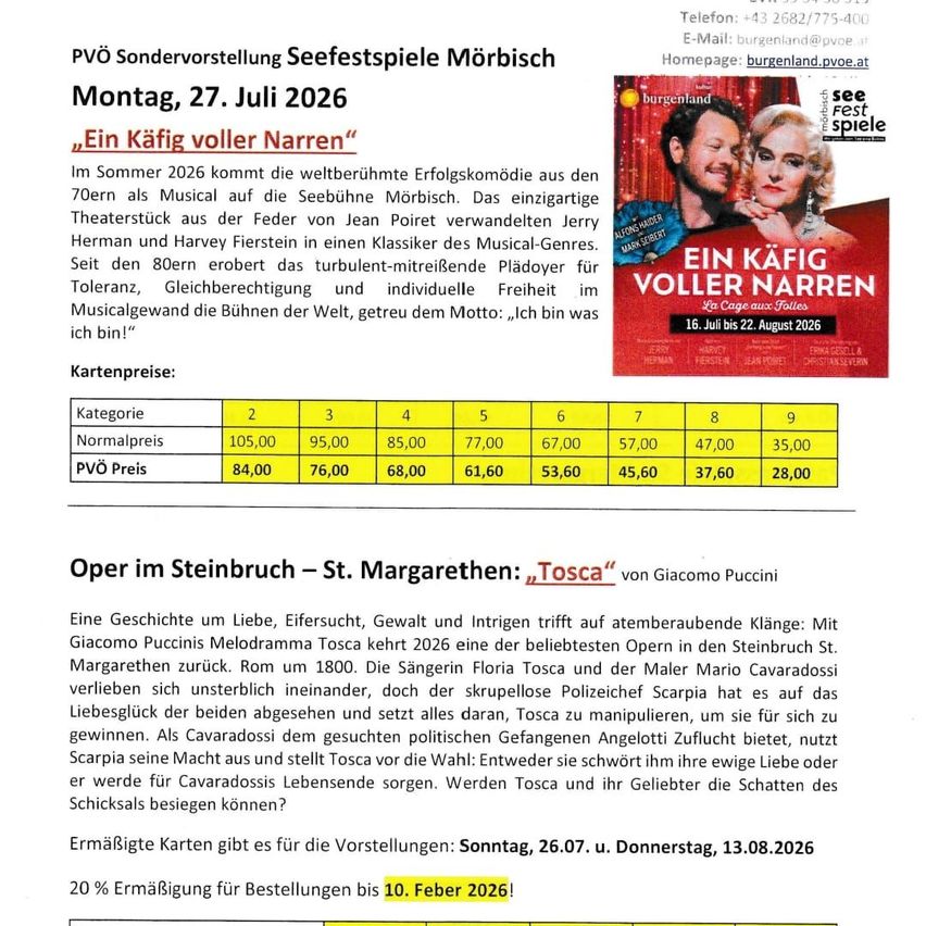 Event for July 27, 2026. A musical "A Cage of Madmen" coming to Seebühne Mörbisch. Tickets and prices.