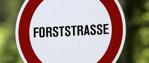 Ein rot-weißes Schild mit dem Wort 'FORSTSTRASSSE' in fetten schwarzen Buchstaben auf weißem Hintergrund.