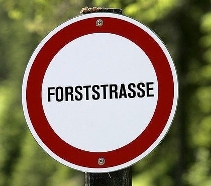 Ein rot-weißes Schild mit dem Wort 'FORSTSTRASSSE' in fetten schwarzen Buchstaben auf weißem Hintergrund.